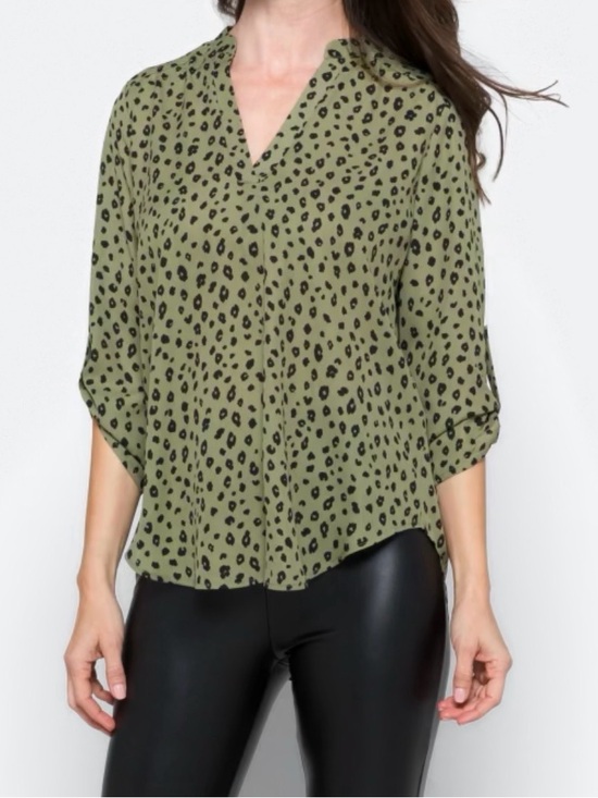 Lush Tops - Lush Olive Green Leopard-Print V-Neck Blouse